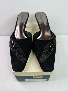 Coldwater Creek Slide In High Heels Shoes Black Leather Rhinestone Bling Sz 8.5